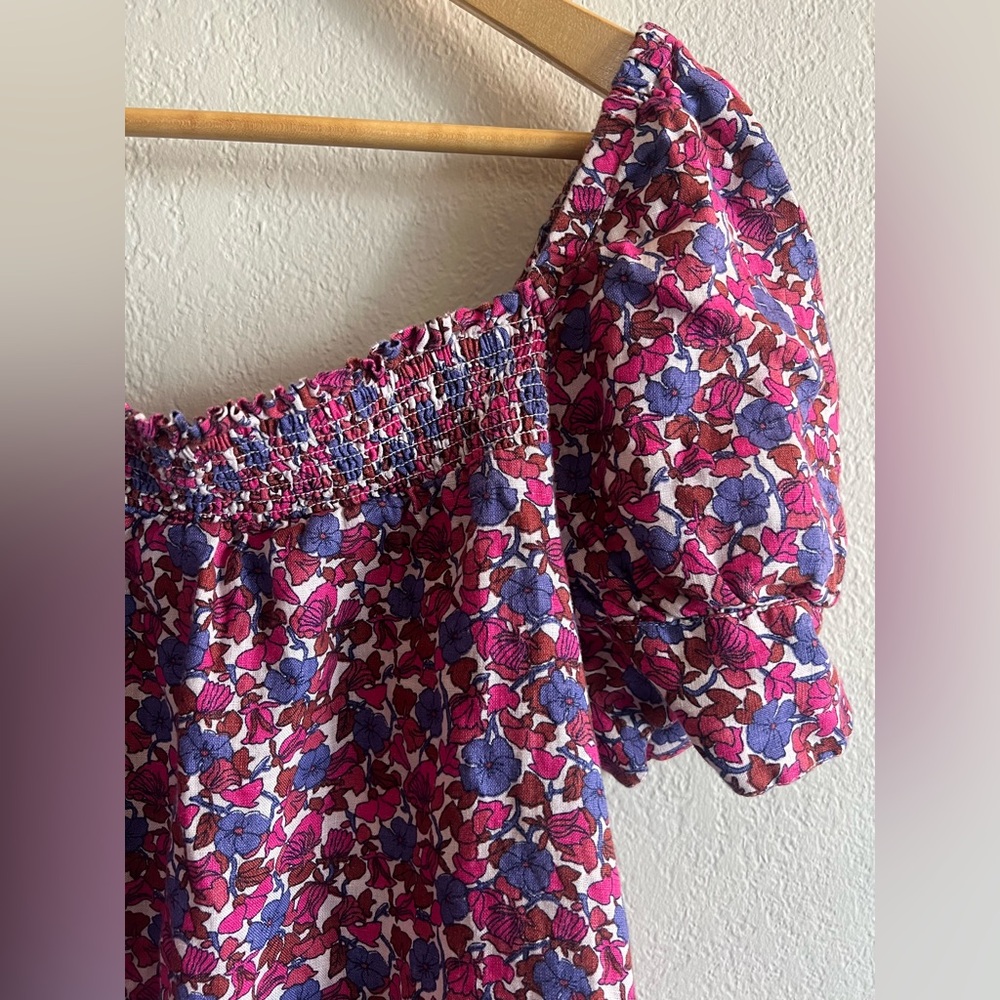 NWOT 100% Linen J.Crew “Afternoon Dress” Floral Smocked Mini Dress - Cottagecore - Picture 5 of 8